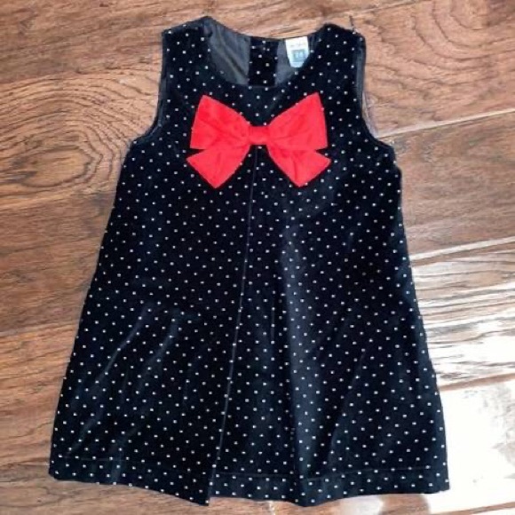 5/$25♥️ Vintage Retro Black Polka Dot Velvet Red Bow Holiday Baby Dress - Picture 5 of 5